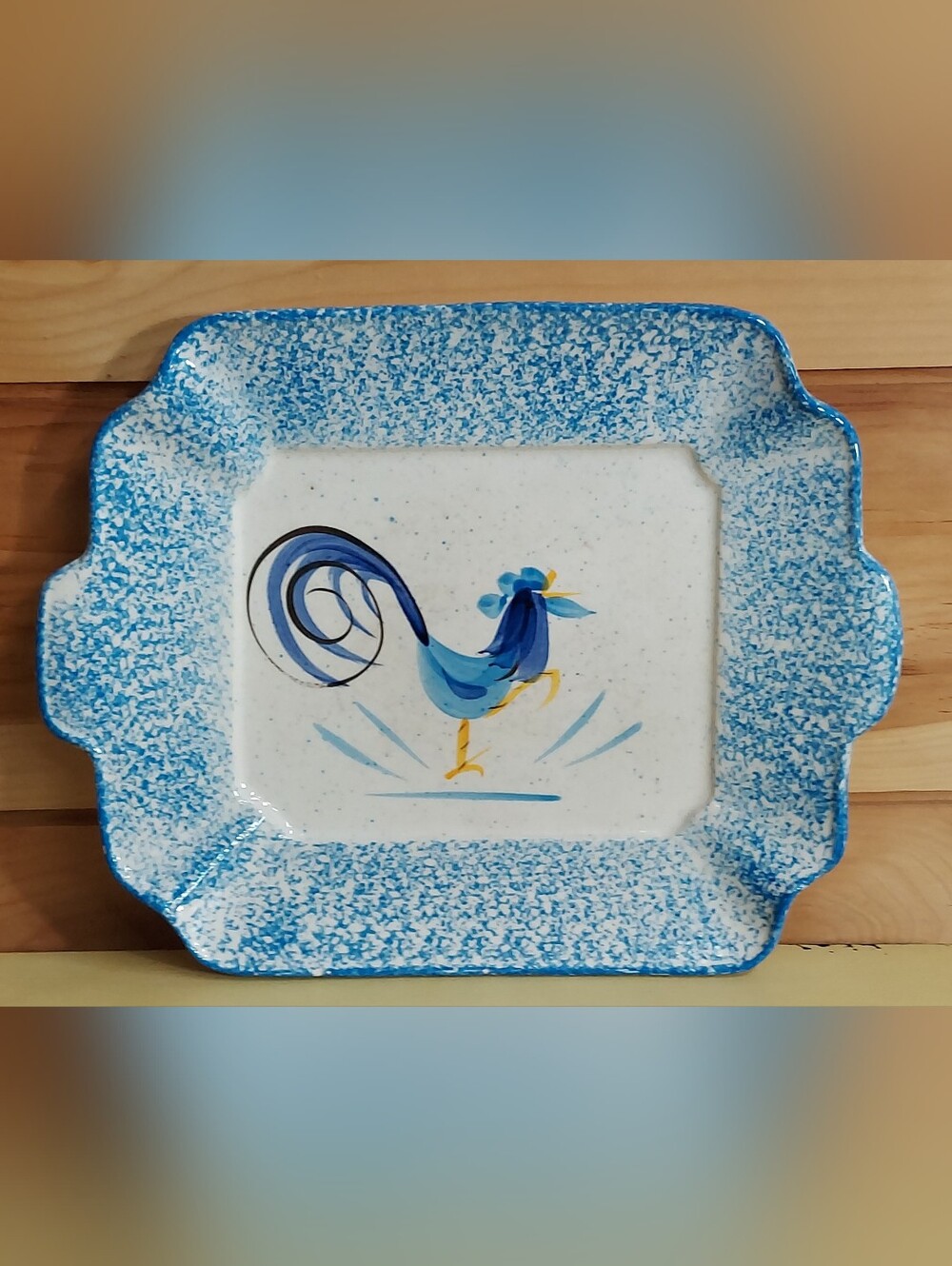 Vintage Blue Stipple Rooster Square Ceramic Serving Platter